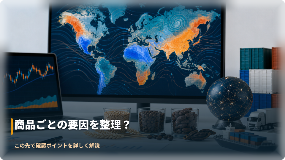 農産物の商品CFDで天候、需給、季節性を確認するイメージ