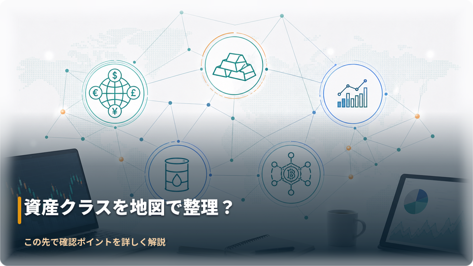 通貨、貴金属、指数、商品、暗号資産を抽象的に分類したイメージ