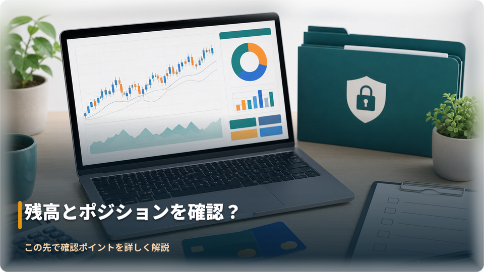 残高と未決済ポジションの確認を表す抽象的な画面イメージ