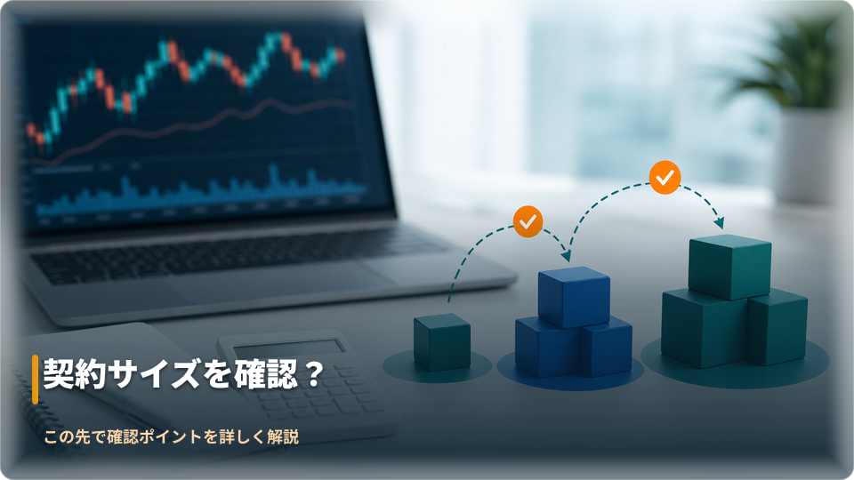 契約サイズと数量を確認するためのノートと抽象的な取引画面のイメージ