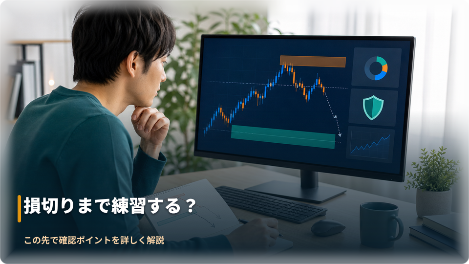 取引画面で損切り条件を確認しながら練習するイメージ 取引画面で損切り条件を確認しながら練習するイメージ
