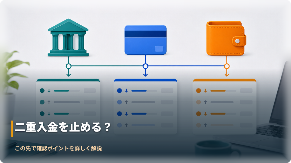 銀行振込、カード、電子ウォレットの履歴を方法別に見比べるイメージ