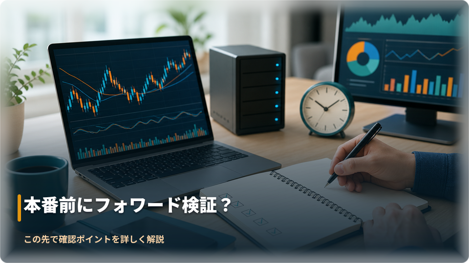 自動売買のフォワードテストを記録するノートと抽象的なチャート画面