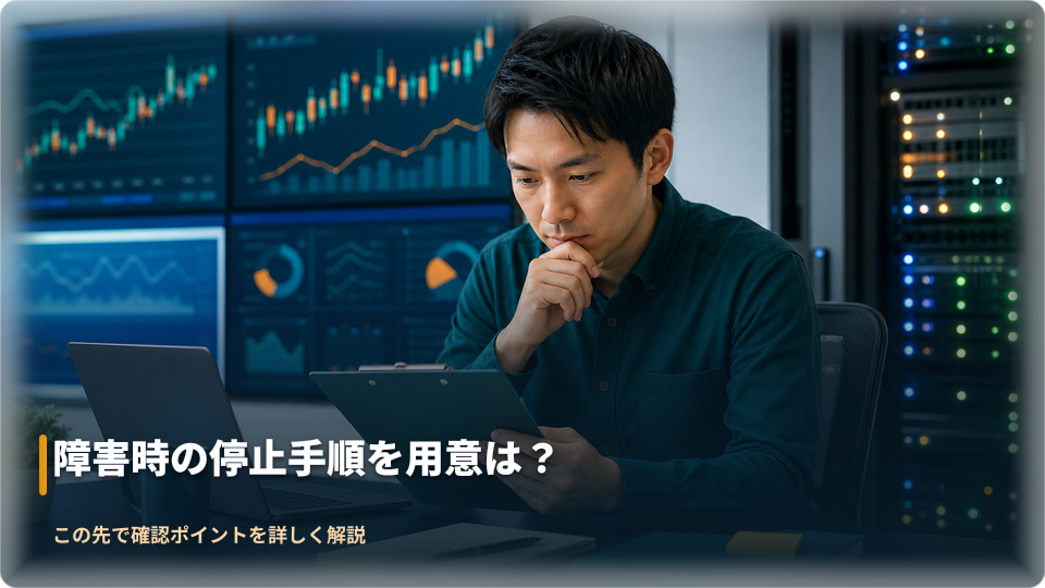 障害時の停止と復旧手順を確認する運用担当者のイメージ
