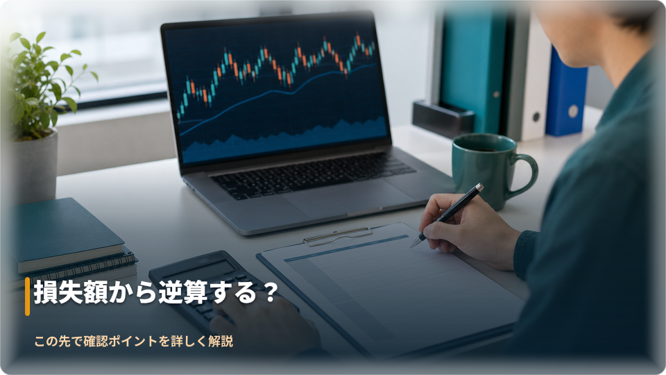 ゴールド取引の許容損失からロットを逆算する計算メモと端末のイメージ