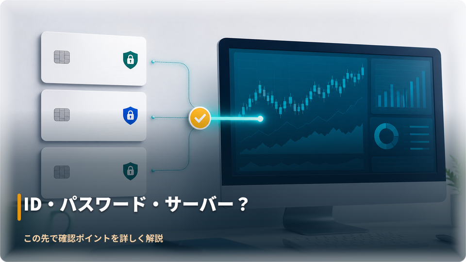 ログインIDと取引パスワードとサーバーを照合する抽象的なイメージ