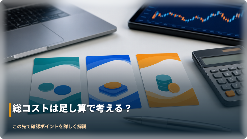 スプレッド、手数料、保有コストを抽象的なカードで整理する机上の図