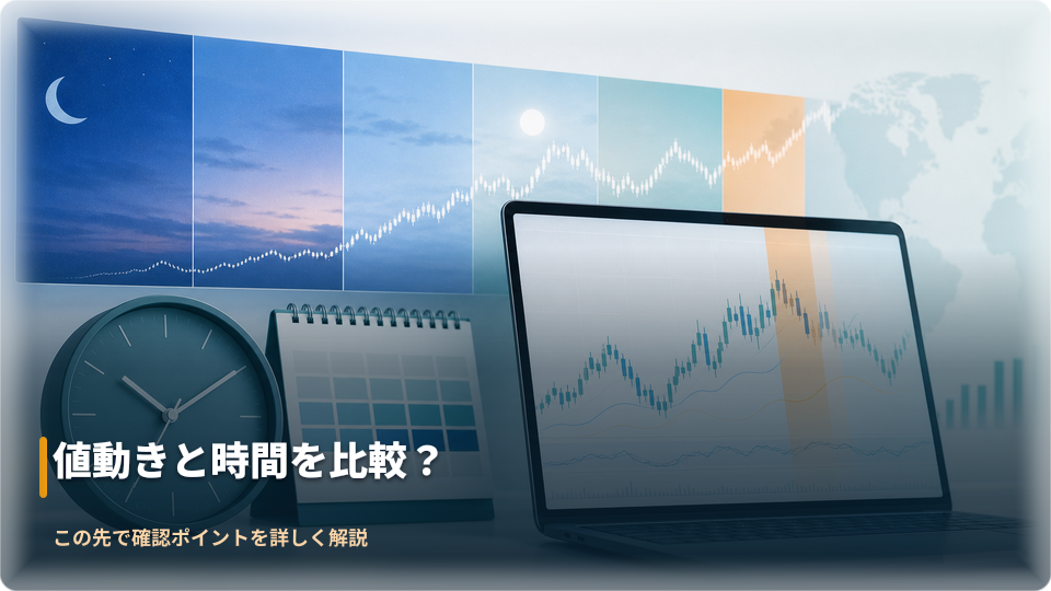 時計と抽象チャートで取引時間と値動きの違いを確認するイメージ