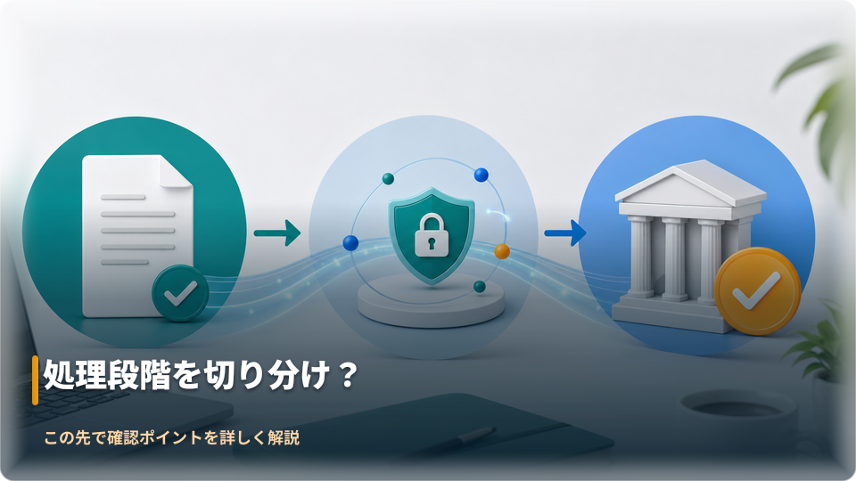 出金申請から処理、着金確認までを抽象的な3段階で示すイメージ