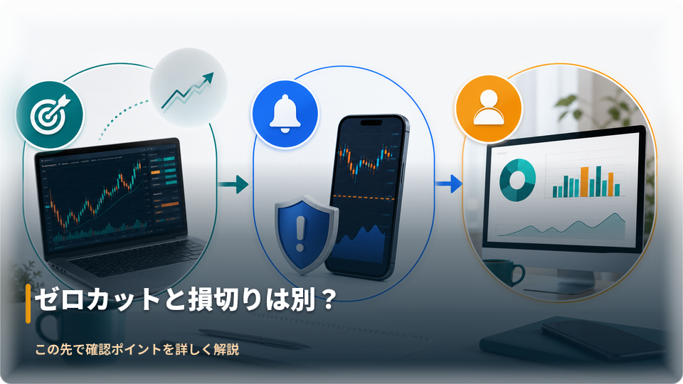 損切り、ロスカット、残高処理の違いを示す抽象図